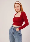Kare Yaka Basic Bordo Bluz