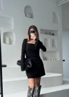 Kare Yaka Mını Boy Fitilli Elbise  Siyah