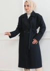 Kaşe Kaban Uzun Boy Kruvaze Yaka Kuşaklı Tesettür Kaşe Kaban Astarlı  acivert