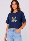 Kedi Baskılı Oversize Crop Tişört alaş Basic Yarım Kol Tshirt  acivert