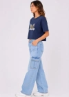 Kedi Baskılı Oversize Crop Tişört alaş Basic Yarım Kol Tshirt  acivert
