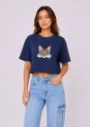 Kedi Baskılı Oversize Crop Tişört alaş Basic Yarım Kol Tshirt  acivert