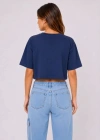 Kedi Baskılı Oversize Crop Tişört alaş Basic Yarım Kol Tshirt  acivert