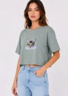 Kedi Baskılı Oversize Crop Tişört alaş Basic Yarım Kol Tshirt  int Yeşili