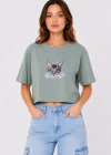 Kedi Baskılı Oversize Crop Tişört alaş Basic Yarım Kol Tshirt  int Yeşili