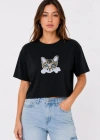 Kedi Baskılı Oversize Crop Tişört alaş Basic Yarım Kol Tshirt  iyah