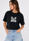 Kedi Baskılı Oversize Crop Tişört alaş Basic Yarım Kol Tshirt  iyah