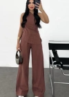 Keten Asimetrik Tek Omuzlu Bluz Pantalon Takım Bordo