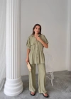 KETEN BEDEN BÜZGÜ DETAYI GÖEK  PANTOON TAKI  Yeşil