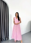 KETEN ÇİZGİLİ YELEK  UZUN ETEK TAKIM  Pembe