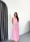 KETEN ÇİZGİLİ YELEK  UZUN ETEK TAKIM  Pembe