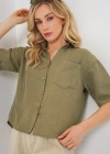 Keten Görünümlü Crop Gömlek 20339  Çağla