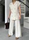 Keten ıfır Kol Blezer Ceket Pantolon Ikili Takım Beyaz