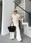 Keten ıfır Kol Blezer Ceket Pantolon Ikili Takım Beyaz