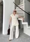 Keten ıfır Kol Blezer Ceket Pantolon Ikili Takım Beyaz