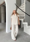 Keten Kısa Kollu Cepli Gömlek Pantolon Ikili Takım  Beyaz
