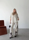 Keten Kısa Kolu  V Yaka Bluz Pantolon Ikili Takım Beyaz