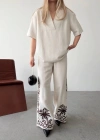 Keten Kısa Kolu  V Yaka Bluz Pantolon Ikili Takım Beyaz