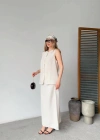 Keten Kolsuz Hırka Etek Ikili Takım Beyaz