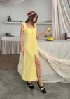 KETEN KOLSUZ KARE YAKA DÜĞE DETAYLI ELBİSE  Sarı