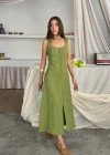 KETEN KOLSUZ KARE YAKA DÜĞE DETAYLI ELBİSE  Yağ Yeşili