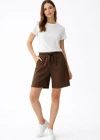 Keten Kumaş Cepli Rahat Kesim Bel astikli Şort  Kahverengi