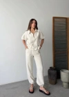 Keten Tam Fermuarlı Kısa Kollu Gömlek Pantolon Ikili Takım  Beyaz