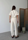 Keten Tam Fermuarlı Kısa Kollu Gömlek Pantolon Ikili Takım  Beyaz