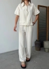 Keten Tam Fermuarlı Kısa Kollu Gömlek Pantolon Ikili Takım  Beyaz