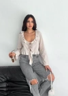 Keten Uzun Kol Bağacık Detaylı Bluz  Bej