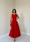 Kırmızı Halter Yaka Kloş Elbise
