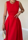 Kırmızı Halter Yaka Kloş Elbise