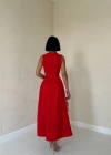 Kırmızı Halter Yaka Kloş Elbise