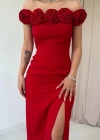 Kırmızı adonna Yaka Güllü Elbise
