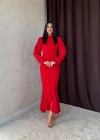 Kırmızı Önü Büzgülü Şifon Elbise