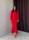 Kırmızı Önü Büzgülü Şifon Elbise