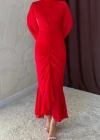 Kırmızı Önü Büzgülü Şifon Elbise