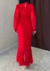 Kırmızı Önü Büzgülü Şifon Elbise