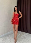Kırmızı Payetli Askılı Elbise