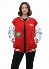 Kırmızı Varsity Çıtçıtlı Baskılı Oversize Kalıp Kolej Ceket  Kırmızı