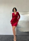 Kırmızı Yaka Ve Kol Dantelli Mini Elbise