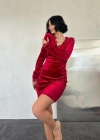 Kırmızı Yaka Ve Kol Dantelli Mini Elbise