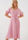 Kısa Kol Düğmeli Elbise 2555  Pudra