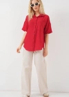 Kısa Kol Keten Görünümlü Gömlek 203  Kırmızı