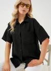 Kısa Kol Keten Görünümlü Gömlek 203  Siyah