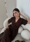 Kısa Kollu Uzun Elbise  Kahve