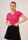 Kısa Kollu Yaka Detaylı Kaşkorse Fuşya Bluz