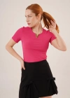 Kısa Kollu Yaka Detaylı Kaşkorse Fuşya Bluz
