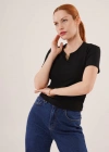 Kısa Kollu Yaka Detaylı Kaşkorse iyah Bluz