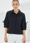 Kol Detaylı Siyah Crop Gömlek 20246